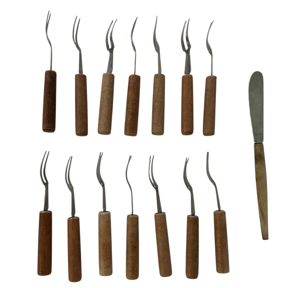 Cocktail  Appetizer Forks And Knife Small Stainless Steel & Wood 15 Pc Vintage - Picture 10 of 15